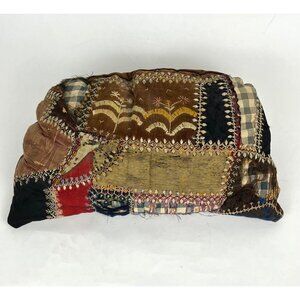 Antique Handmade Crazy Quilt Pattern Pillow Embroidered Details